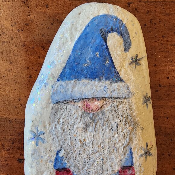 Christmas Holiday Gnome in Blue Santa Outfit with Snow Sparkles on a River Rock - Picture 5 of 10